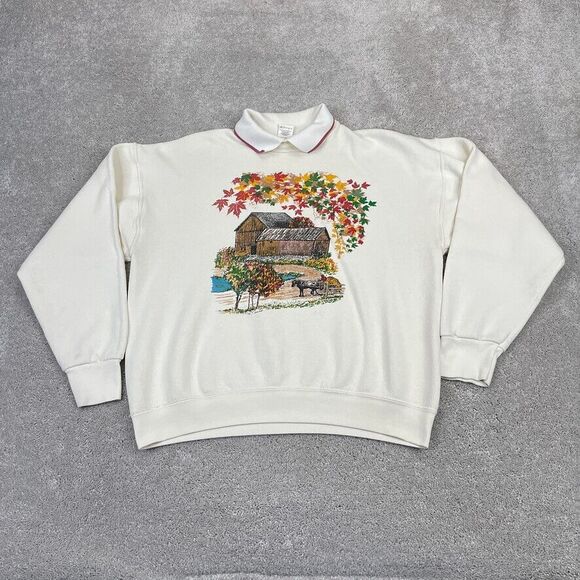 VINTAGE Sweatshirt Womens Large Off White Farm Scene‎ Barn Autumn Horse 90s - Picture 1 of 11
